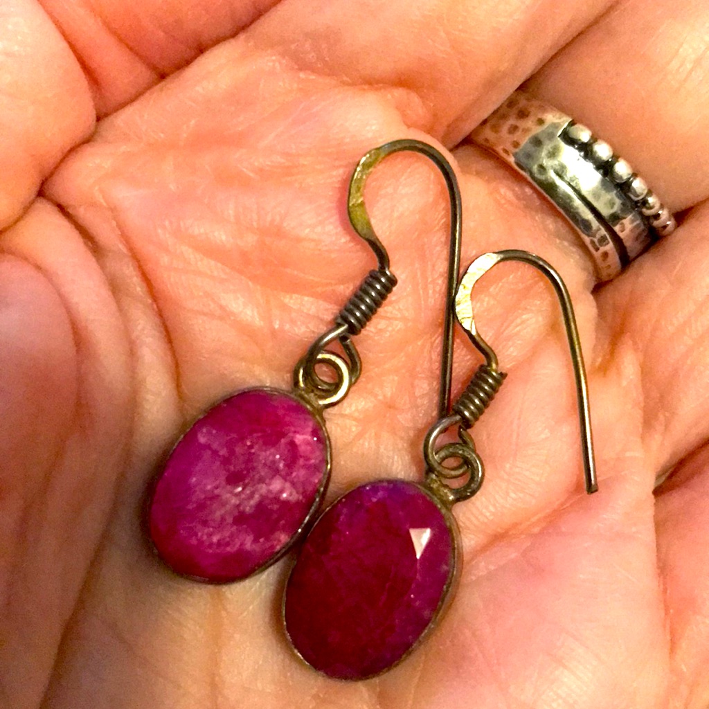 Rough Ruby Fish Hook Earrings.